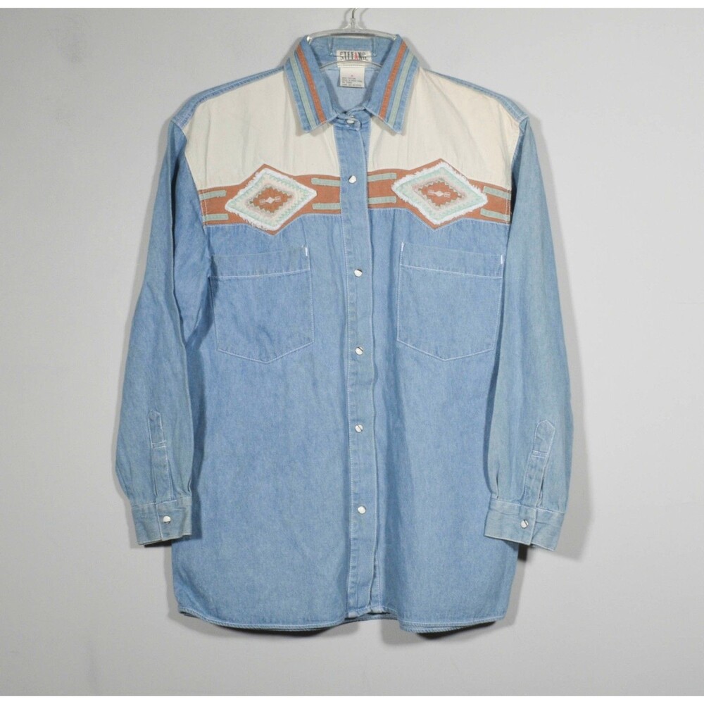 Vintage Stefano International Western Applique Denim Shirt Snap Front Size M
